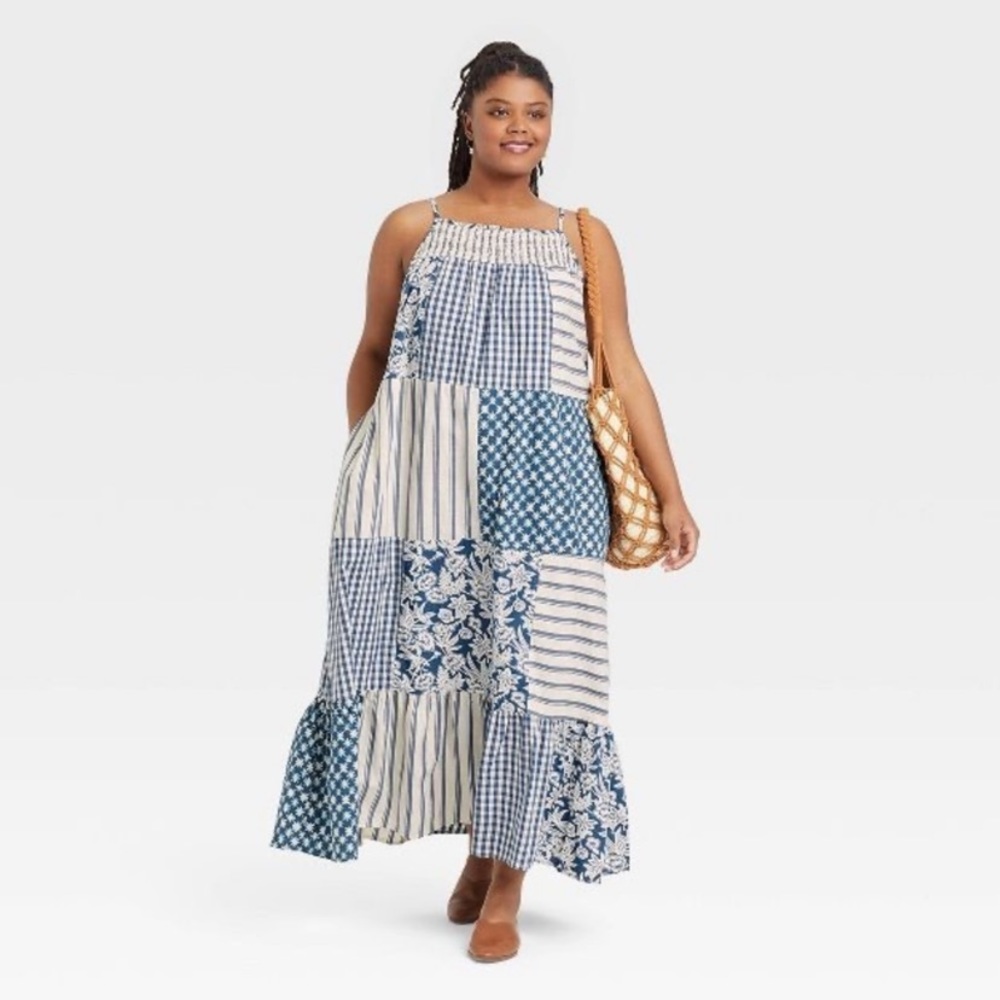Universal Thread Tiered Boho Patchwork Maxi Dress Blue Size Large